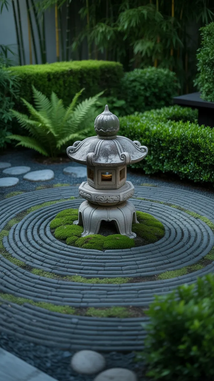 Weathered Stone Lantern in a Circle of Moss and Light