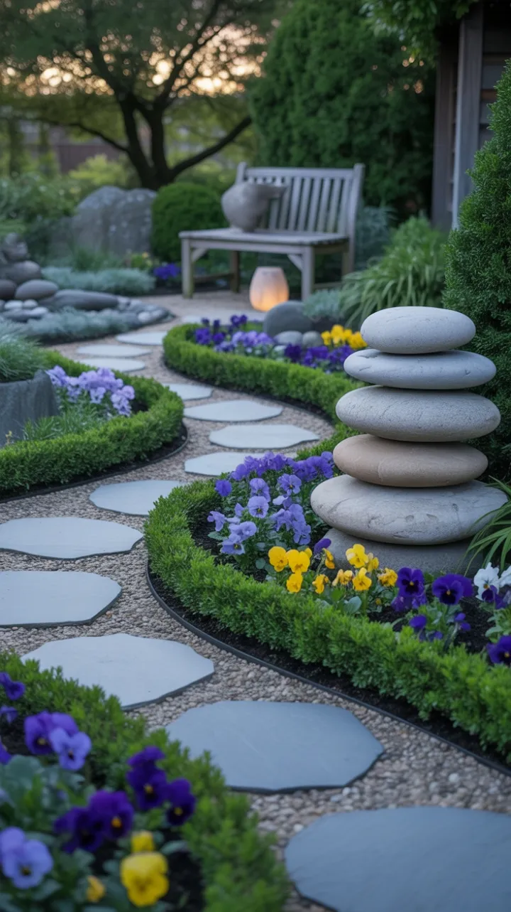 Pathway to Tranquility Through Pansies and a Stone Lantern