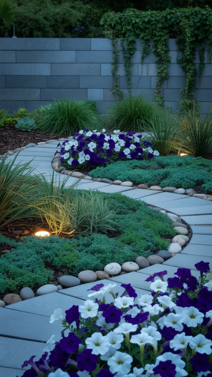 Winding Stone Path Through a Modern Petunia Oasis