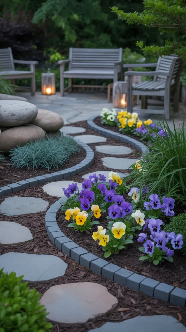 Lantern-Lit Stone Path Winding Through Pansies