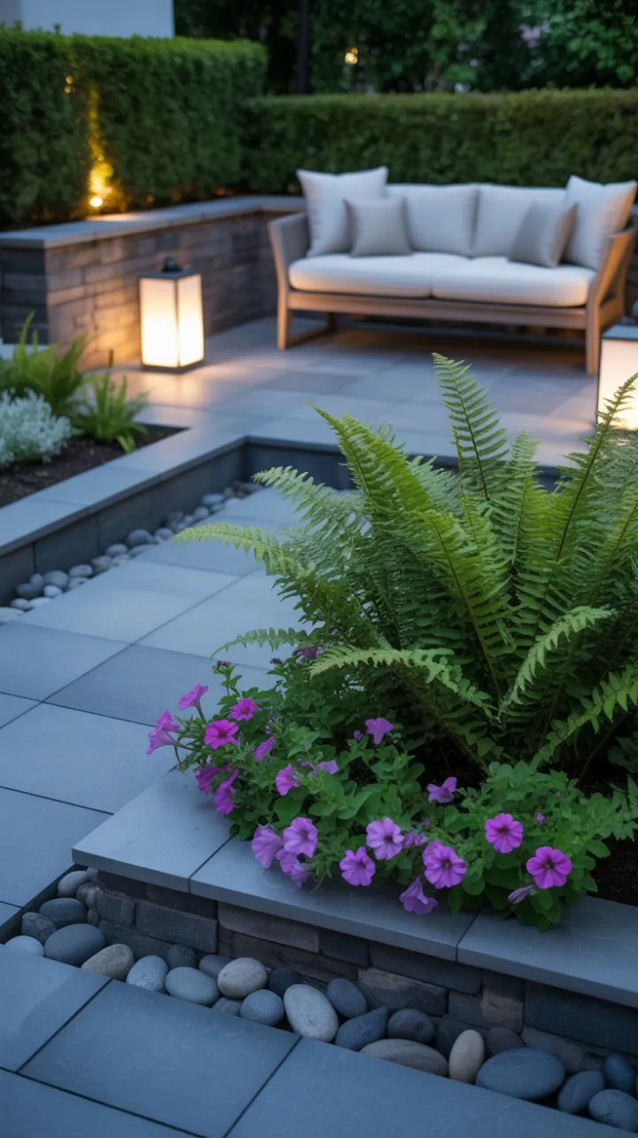 Tranquil Modern Garden Retreat with Cozy Sofa and Lush Blooms