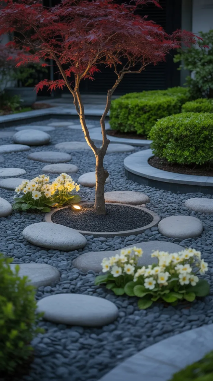 Crimson Maple Arches Over a Sea of River Stones