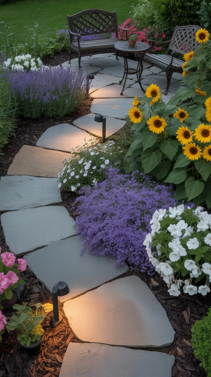 Winding Stone Path Through Lavender, Sunflowers, and Soft Evening Glow