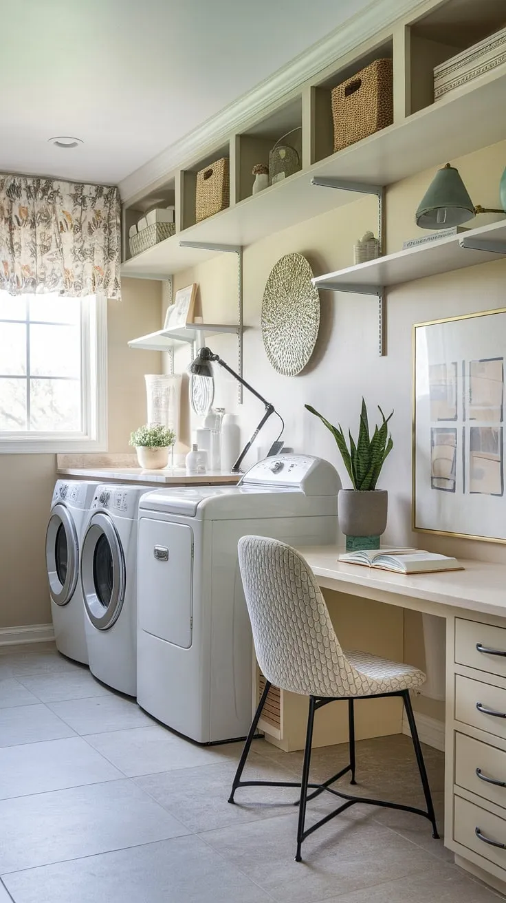 Transform your laundry routine! This laundry room office showcases how a laundry office combo can effortlessly organize life.  With clever storage solutions and a dedicated workspace, this home laundry room is a dream laundry room come true.  Explore inspiring laundry room layouts and create your own efficient and stylish laundry room.