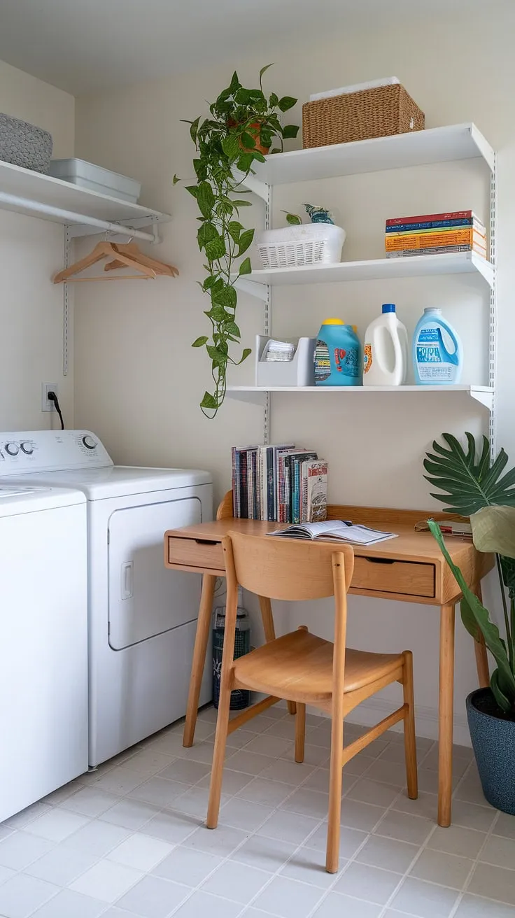 My mudroom laundry room just got an upgrade!  This laundry office is the perfect blend of practicality and charm.  The added desk provides a quiet spot to work, while the efficient shelving keeps everything organized.  This laundry room layouts proves that even a small space can be both functional and beautiful.