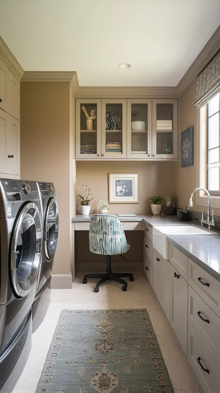 This dream laundry room isn't just for chores; it's a functional laundry office combo where you can organize life while the wash cycles.  The perfect blend of home laundry room practicality and efficient workspace, showcasing smart laundry room layouts.  A mudroom laundry room upgrade wouldn't be complete without this level of design.