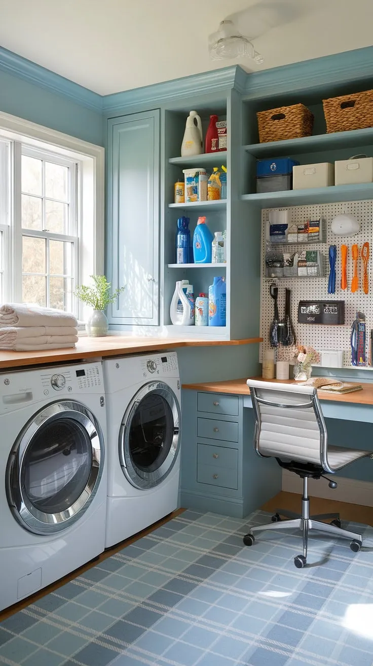My new laundry room office combo is a game-changer!  This laundry room, designed with smart laundry room layouts, seamlessly blends functionality and style.  The dedicated desk area makes working from home a breeze, while the ample counter space and storage solutions in this home laundry room help me organize life.  It's the dream laundry room I never knew I needed, proving that even a mudroom laundry room can be a beautiful and productive space.