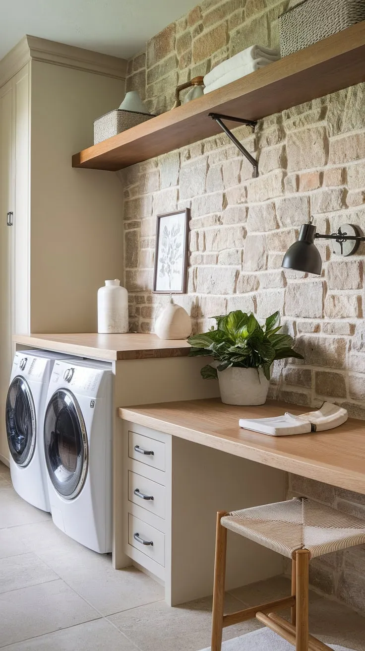This dream laundry room isn't just for chores; it's a functional laundry office combo where you can organize life while the wash cycles.  The built-in cabinetry, floating shelves, and dedicated desk area make this home laundry room a space you'll actually enjoy, showcasing smart laundry room layouts.