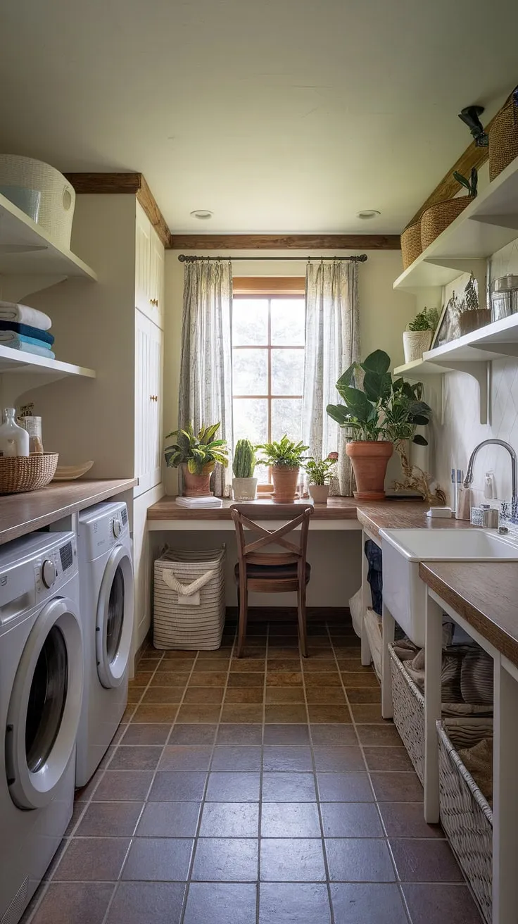 My house laundry room has been transformed! This laundry room office is the ultimate in organization.  With a dedicated desk area, ample storage, and a charming rustic aesthetic, this laundry office combo is my happy place.  Finally, a laundry room layout that helps me organize life and work from home.