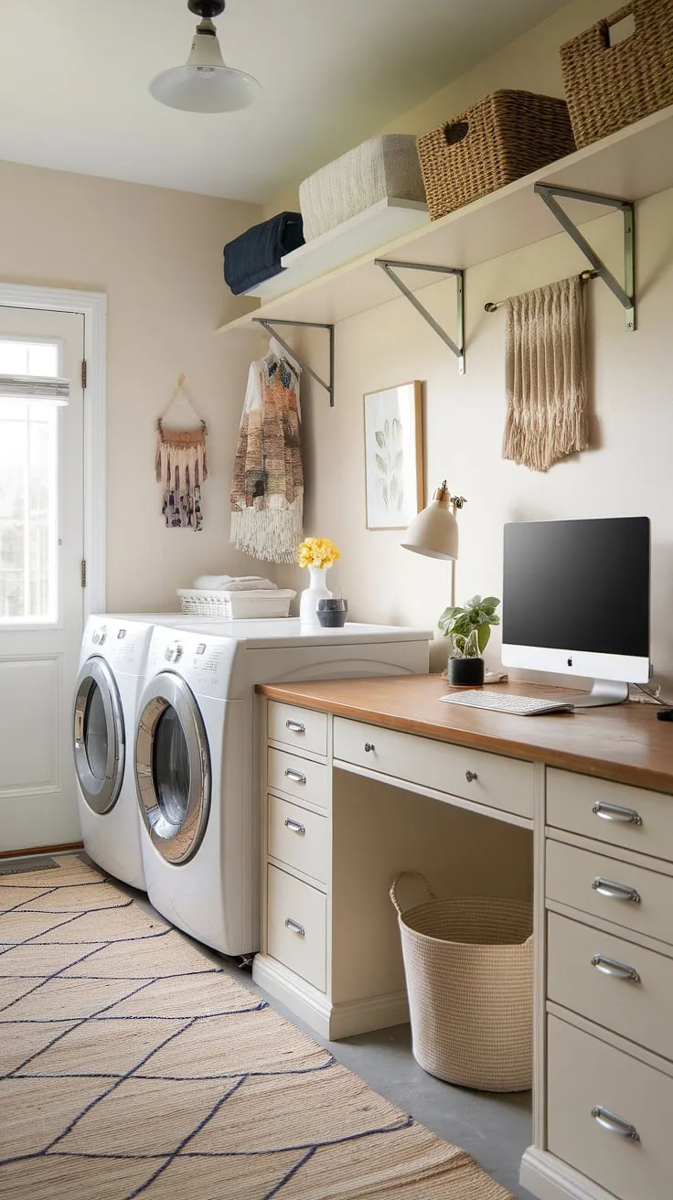 Transforming chaos into calm:  This laundry room office is my happy place.  The perfect blend of laundry room and office, this laundry room office combo proves that even a home laundry room can be a sanctuary.  With smart laundry room layouts, organizing life has never been easier.  This dream laundry room is the epitome of efficient design.