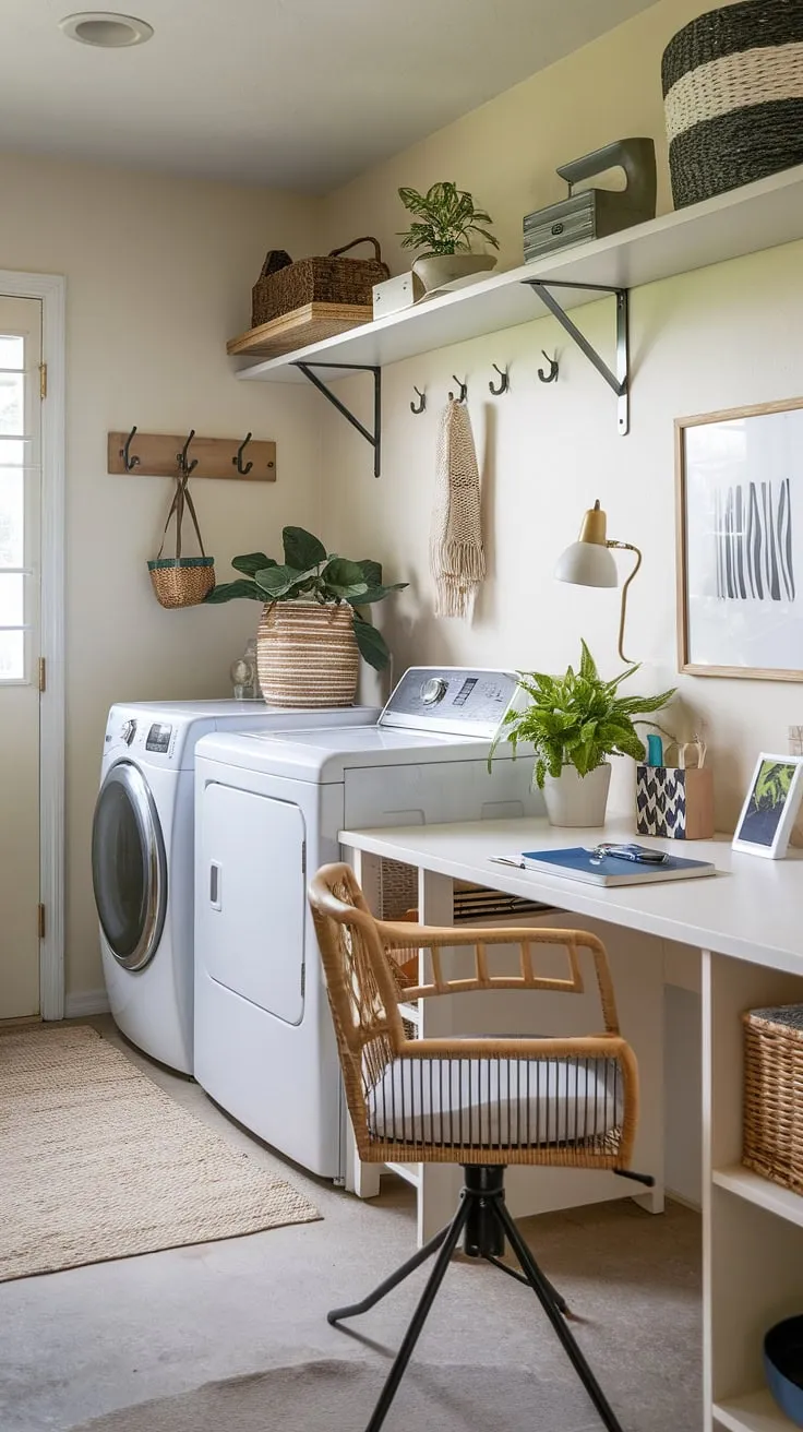 Transforming a home laundry room into a productive laundry office is easier than you think! This laundry room office showcases how smart design and a few well-placed plants can create a serene and organized workspace, even within a laundry room.  Explore these laundry room layouts for inspiration to organize your life and achieve your dream laundry room.