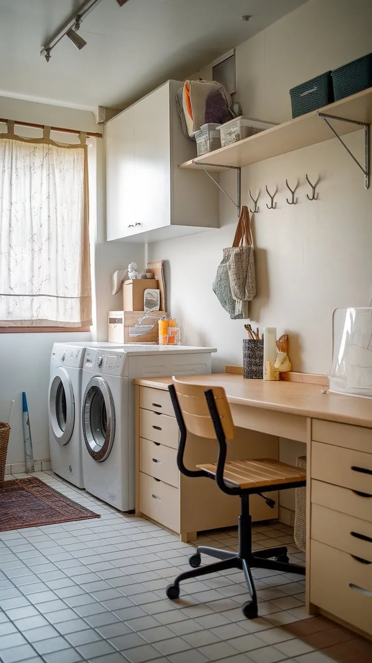 This laundry room office combo is the epitome of organized life.  The clever layout maximizes space, transforming a utilitarian house laundry room into a dream laundry room—a functional and stylish laundry room office where work and chores coexist seamlessly.  Consider this inspiration for your own laundry room layouts, especially if you're dreaming of a mudroom laundry room upgrade.