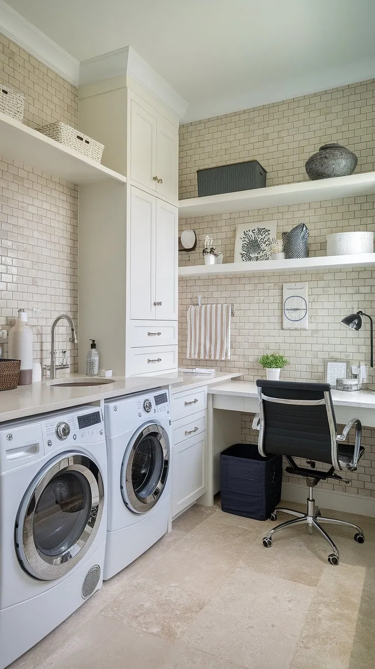 Transforming laundry day! This laundry room office is the epitome of a well-organized life.  The perfect house laundry room, this laundry office combo boasts efficient laundry room layouts and a dedicated workspace, making even mundane tasks feel luxurious.  Achieve your dream laundry room with this inspiring design.