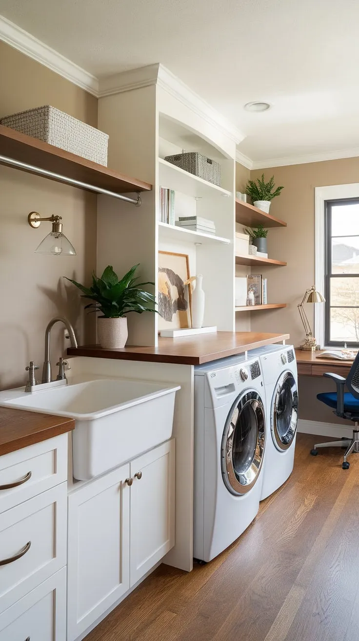 My laundry room office is finally complete! This laundry office combo is the ultimate in organization and efficiency.  From the sleek white cabinets and washer/dryer to the dedicated workspace, this dream laundry room is everything I've ever wanted.  It's proof that even small laundry room layouts can be transformed into a productive and stylish space to organize life.