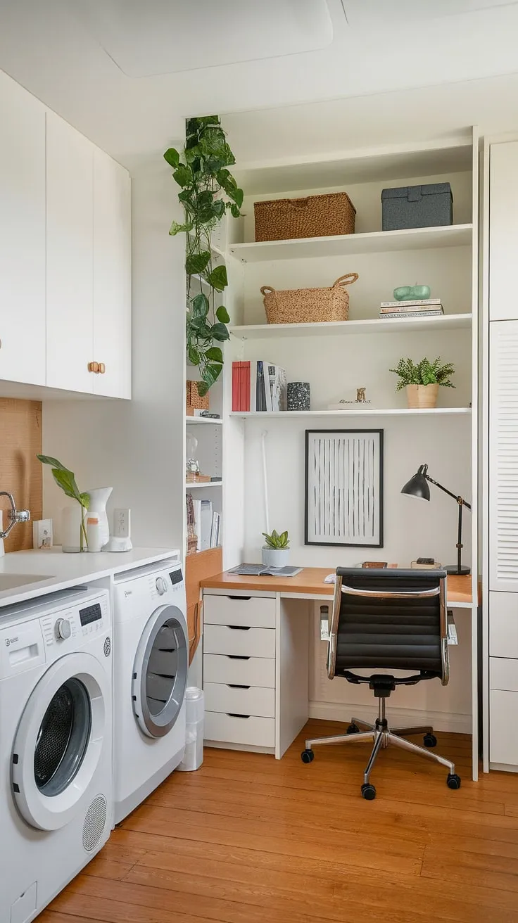This dream laundry room seamlessly blends functionality with style.  The laundry office combo offers the perfect solution for organizing life, maximizing space, and creating a productive home laundry room.  Clever laundry room layouts like this transform a mundane chore into a calming and efficient experience.  This house laundry room, with its dedicated office space, is the epitome of smart design.