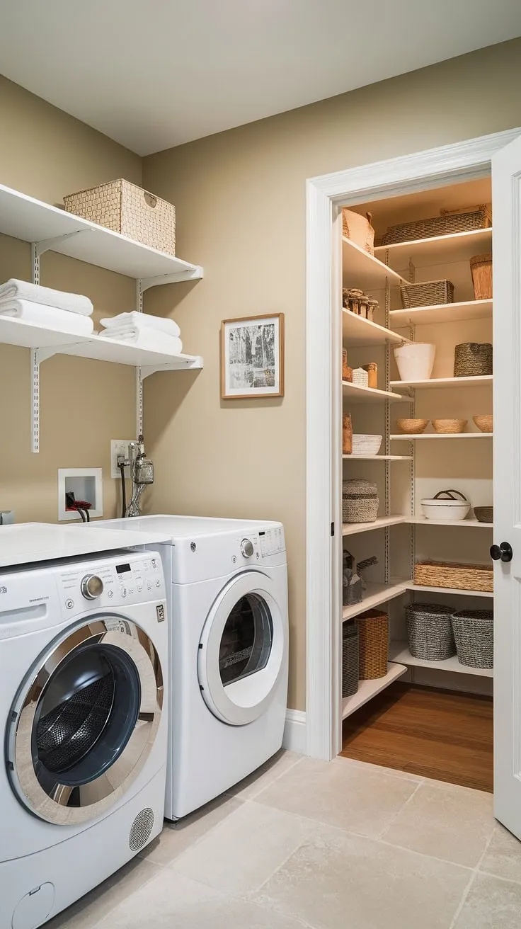 This walk-in pantry laundry room combo is the ultimate space-saving solution, achieving laundry room goals with clever scullery laundry room ideas.  The combined laundry pantry maximizes functionality, offering a seamless blend of utility room pantry storage and efficient laundry space.  This butler's pantry laundry room combo is pure inspiration for pantry laundry room ideas and pantry laundry room combo ideas.