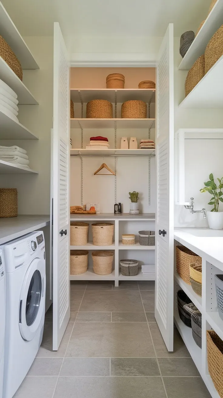 Achieve laundry room goals with this stunning combined laundry pantry.  This pantry laundry room combo cleverly incorporates a walk-in pantry, transforming a typical scullery with laundry into a highly efficient and aesthetically pleasing space.  Explore scullery laundry room ideas and pantry laundry room combo ideas to create your dream utility room pantry, a perfect example of a butler's pantry laundry room combo and walk-in pantry laundry room combo design.