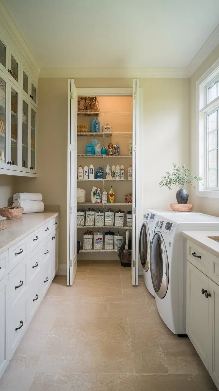 Dreamy scullery with laundry?  This combined laundry pantry is the epitome of organized living.  From the practical utility room pantry to the efficient laundry setup, this laundry pantry combo delivers on all fronts.  Achieve your laundry room goals with these scullery laundry room ideas and consider this walk-in pantry laundry room combo the ultimate inspiration for your own pantry laundry room combo ideas.