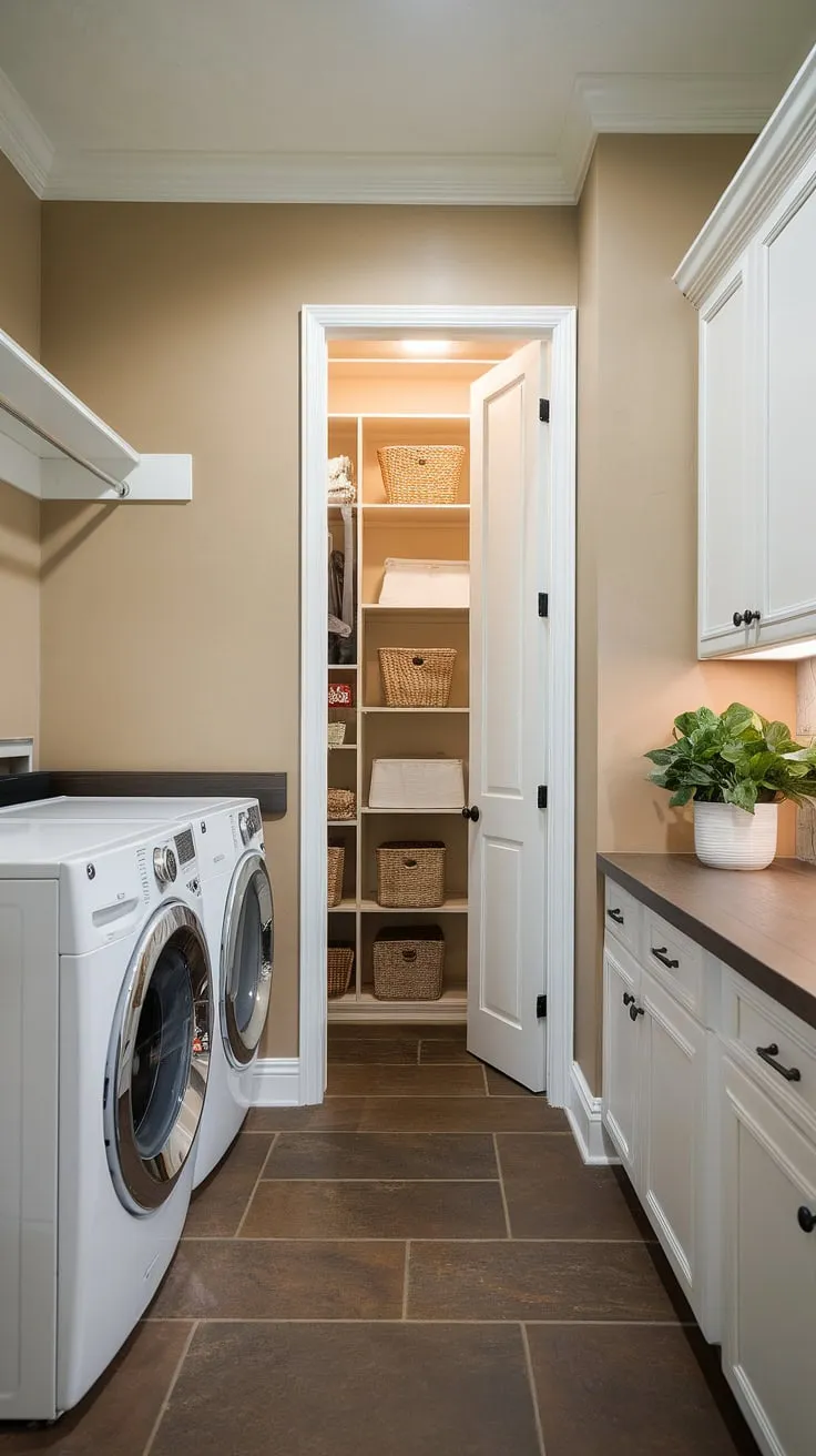 This walk-in pantry laundry room combo is the ultimate space-saving solution, achieving laundry room goals with clever scullery laundry room ideas.  The combined laundry pantry maximizes functionality, offering a seamless blend of utility room pantry storage and efficient laundry space.  This butler's pantry laundry room combo is a dream come true!