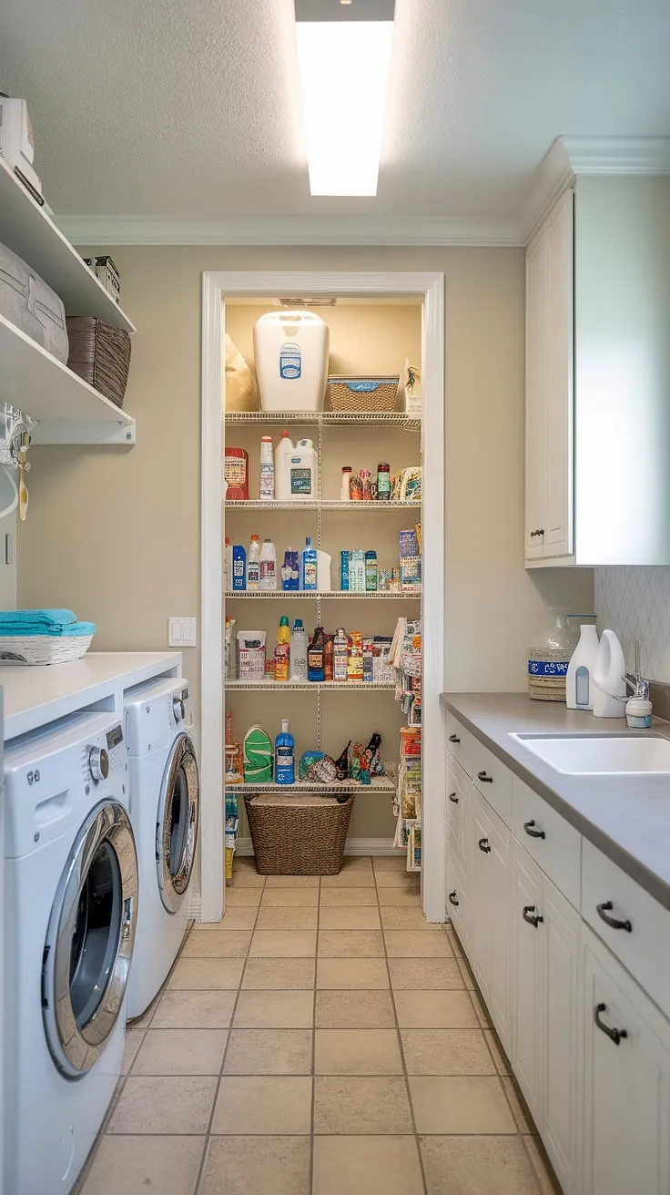 Achieve laundry room goals with this stunning scullery with laundry design.  This combined laundry pantry boasts a walk-in pantry laundry room combo, providing a seamless blend of practicality and style.  From scullery laundry room ideas to laundry pantry combo inspiration, this utility room pantry offers the ultimate in efficient storage and organization.  Explore pantry laundry room combo ideas and butler's pantry laundry room combo options for your own home.