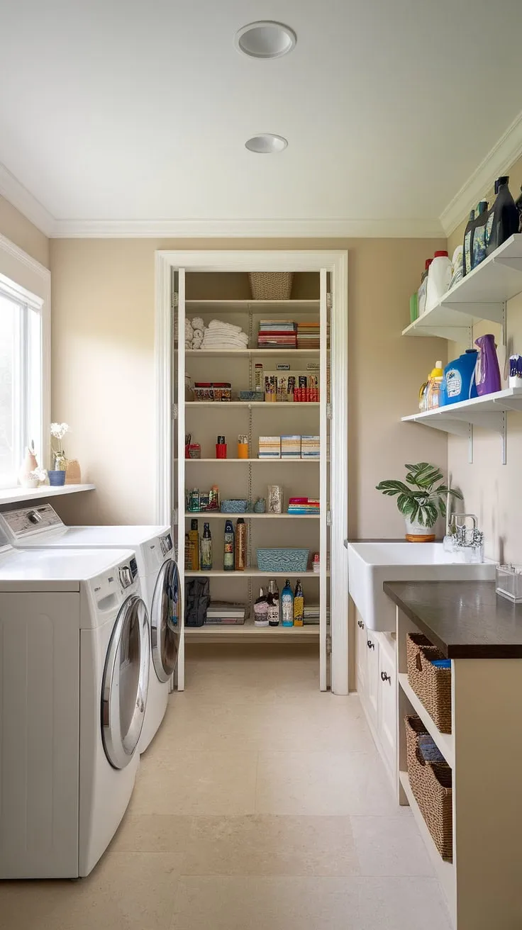 Dreamy laundry room pantry combo!  This pantry laundry room combo ideas showcases a stunning combined laundry pantry, perfect for those seeking scullery with laundry solutions.  The utility room pantry provides ample storage, while the laundry area remains sleek and efficient.  Achieve your laundry room goals with this inspiring walk-in pantry laundry room combo design.