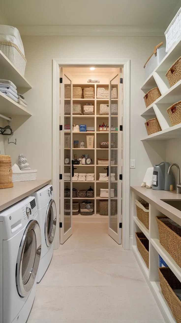 This walk-in pantry laundry room combo is the ultimate space-saving solution, achieving laundry room goals with stylish scullery laundry room ideas.  The combined laundry pantry maximizes functionality, offering a seamless blend of utility room pantry storage and efficient laundry organization.  Pantry laundry room combo ideas don't get much better than this butler's pantry laundry room combo.