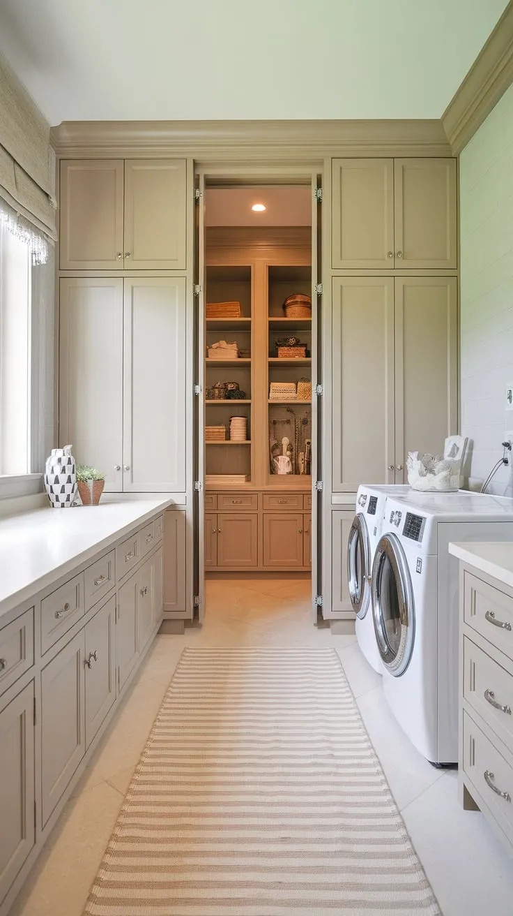 Dreamy laundry room pantry ideas come to life in this spacious scullery with laundry.  This utility room pantry and laundry room combo is a game-changer, showcasing the best of pantry laundry room combo ideas.  The combined laundry pantry and walk-in pantry laundry room combo create a truly efficient and stylish laundry space – pure laundry room goals.