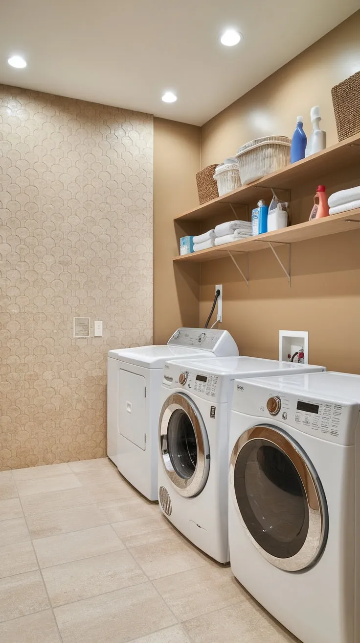 Beige Elegance Meets Patterned Charm in Laundry Room Delight