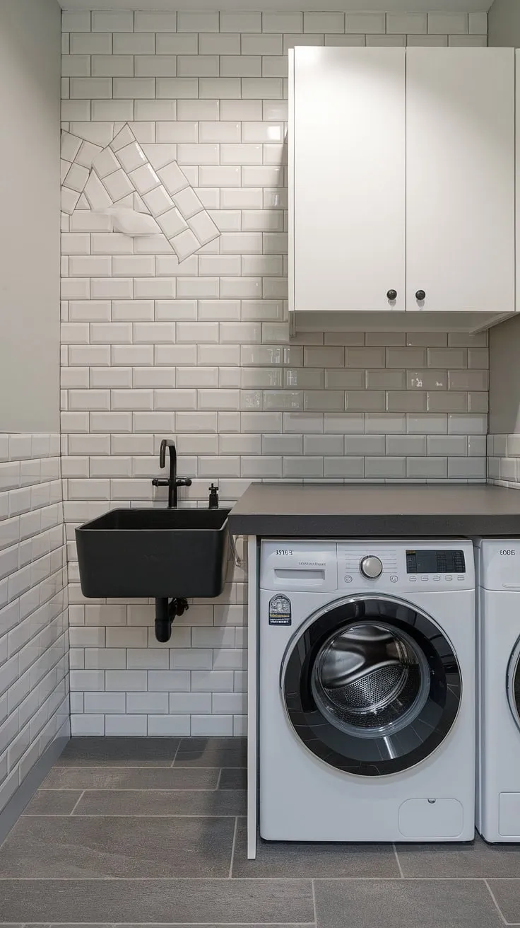 Transform your laundry routine with this stunning laundry room backsplash.  The modern laundry room backsplash, crafted from white and grey tiles in a brick pattern, adds a touch of elegance.  Finding the perfect laundry room backsplash materials is key, and this design proves that a simple yet effective laundry room backsplash design can make all the difference.  This is a prime example of a stylish laundry room backsplash and offers excellent backsplash ideas for laundry room.  The result? A functional and beautiful space that showcases the best backsplash for laundry room.