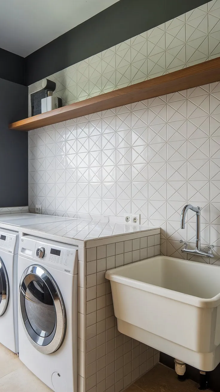 This modern laundry room's stylish backsplash is the perfect blend of form and function.  The unique diagonal pattern of the white laundry room tile backsplash against the dark gray wall creates a striking visual, while the durable laundry room backsplash materials ensure lasting beauty.  This laundry room backsplash design proves that even utilitarian spaces can be chic.  Finding the best backsplash for laundry room can be tricky, but this one showcases excellent backsplash ideas for laundry room and proves that a decorative backsplash for laundry room can elevate the entire space.  The laundry room wall tiles are a key element in this stunning laundry room backsplash design.