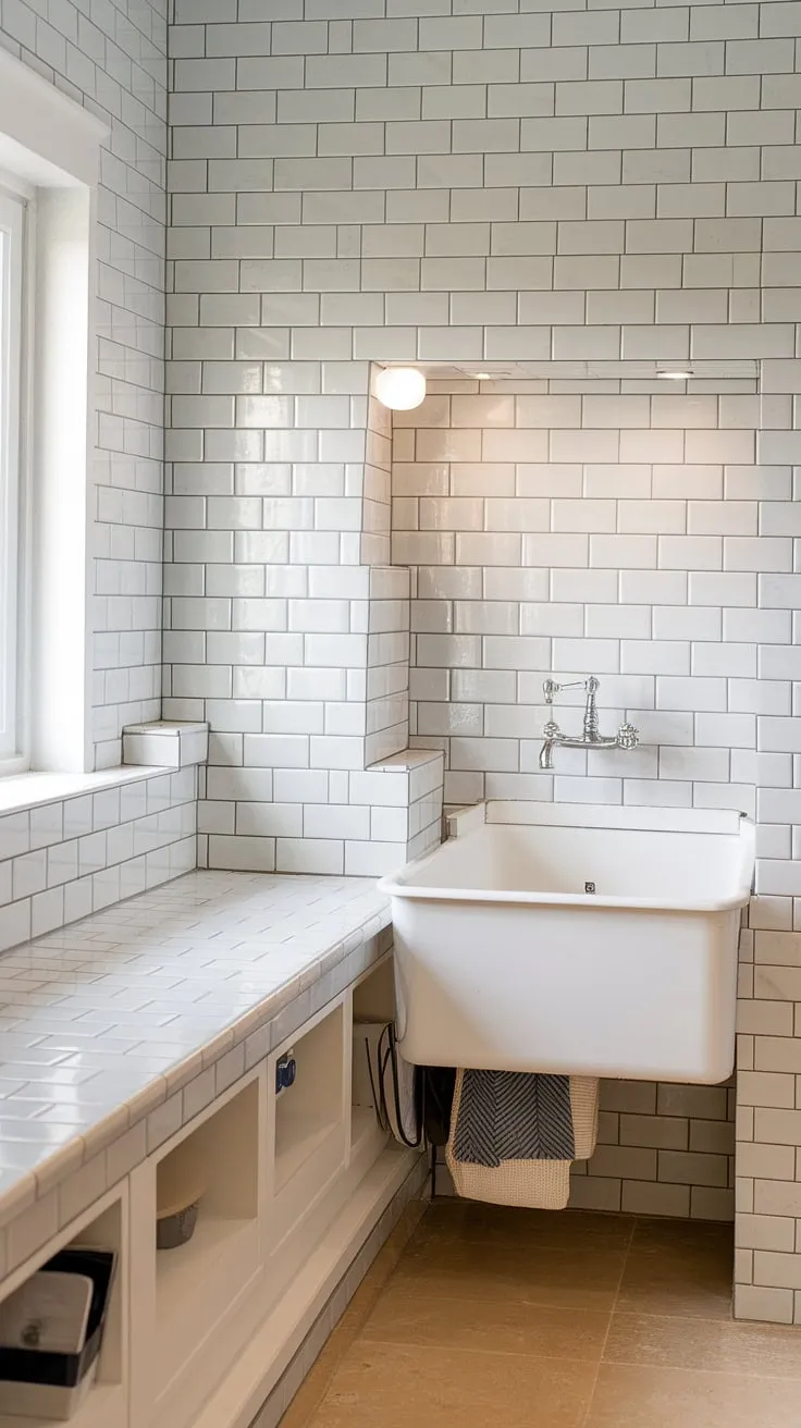 This stylish laundry room backsplash is the epitome of modern laundry room backsplash design.  The simple elegance of the white subway tiles, arranged in a classic brick pattern, creates a clean and sophisticated look.  Searching for backsplash ideas for laundry room? Look no further! This laundry room tile backsplash showcases the perfect blend of form and function.  The durable and easy-to-clean laundry room backsplash materials make it a practical choice, while the aesthetic appeal elevates the entire space.  Discover the best backsplash for laundry room and transform yours today.