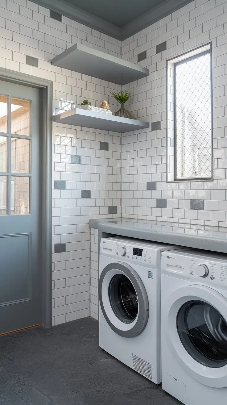A sophisticated laundry room transformation featuring a modern laundry room backsplash.  The carefully curated arrangement of white and grey tiles creates a visually appealing laundry room backsplash design.  Seeking backsplash ideas for laundry room? This stylish laundry room backsplash, with its thoughtful use of laundry room backsplash materials, offers inspiration.  The result is a functional and beautiful space, showcasing the best backsplash for laundry room and highlighting the impact of well-chosen laundry room wall tiles.