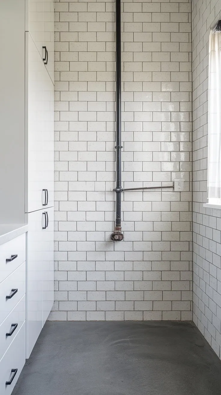 Elevate your laundry routine with this stunning laundry room backsplash.  The modern laundry room backsplash design features a textured white tile, a perfect example of a decorative backsplash for laundry room.  The simple brick pattern and industrial pipe detail make this the best backsplash for laundry room, showcasing creative laundry room backsplash materials.  Looking for laundry room wall tiles that make a statement? This image offers endless inspiration for backsplash ideas for laundry room.  This stylish laundry room backsplash proves that even a laundry room can be a space of beauty and functionality.