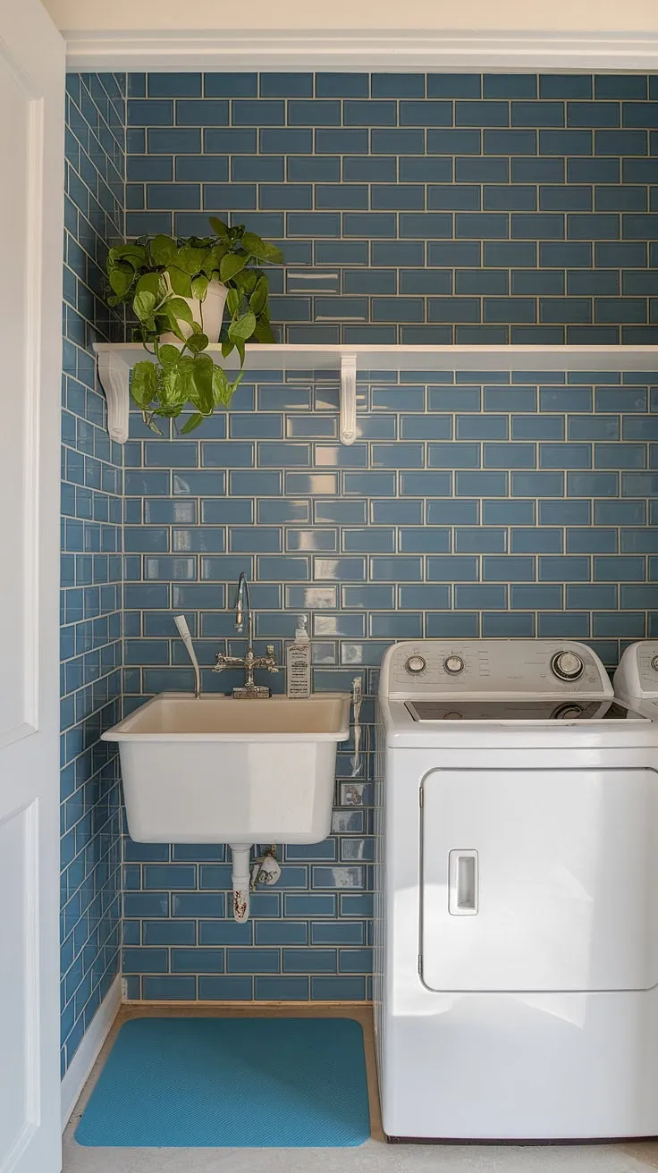 This modern laundry room's stunning blue subway tile backsplash elevates the space from functional to fabulous.  The floor-to-ceiling design, framed in crisp white, offers endless backsplash ideas for laundry room transformations.  It's the best backsplash for laundry room style and showcases the perfect blend of laundry room wall tiles and decorative backsplash for laundry room design.  The stylish laundry room backsplash is a testament to the power of simple, yet impactful laundry room backsplash materials.