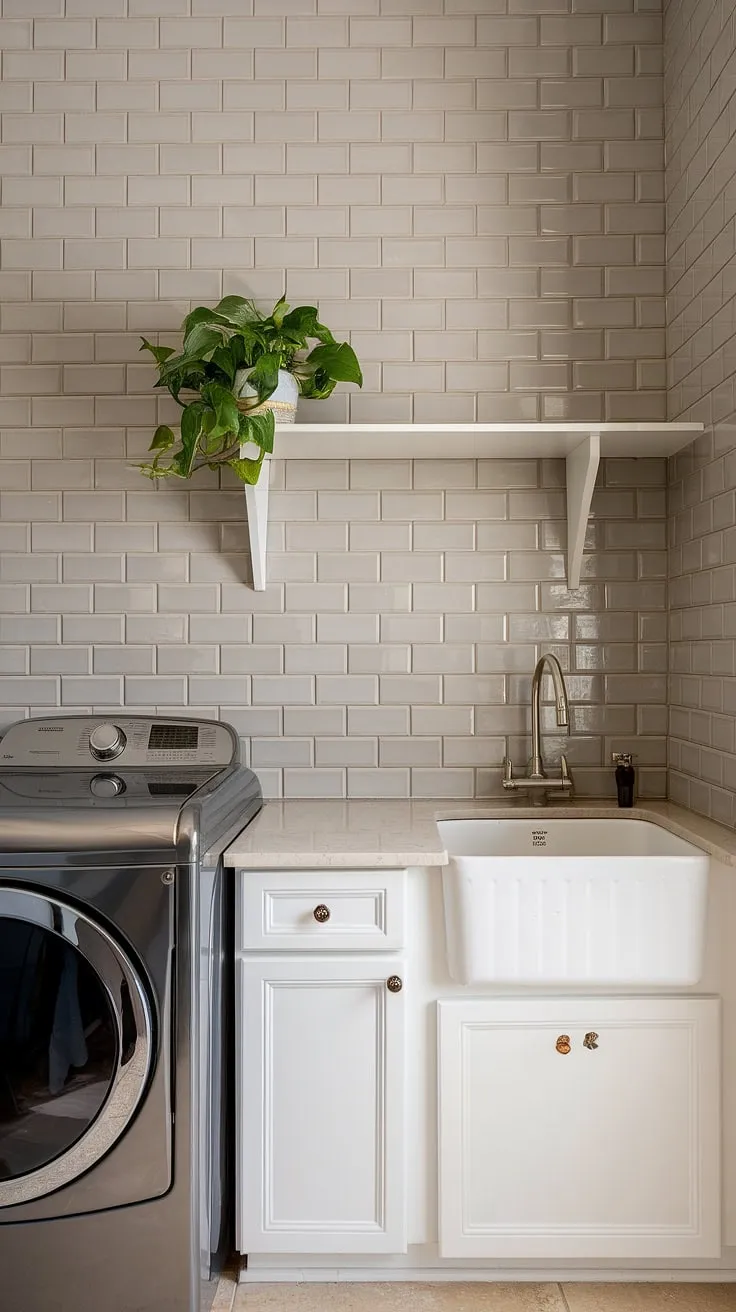 The stylish laundry room backsplash in this space is a masterclass in laundry room backsplash design.  The beige subway tiles create a timeless and elegant feel, making it a top contender for the best backsplash for laundry room.  This laundry room backsplash is a perfect illustration of how laundry room backsplash materials can impact the overall aesthetic, offering inspiration for your own backsplash ideas for laundry room and laundry room wall tiles.  A modern laundry room backsplash doesn't get much better than this.