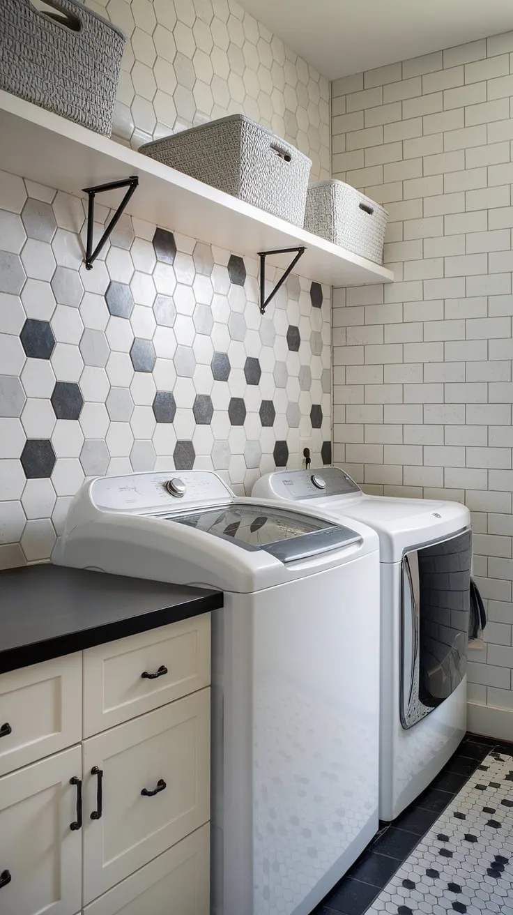 This modern laundry room's stylish laundry room backsplash, a stunning display of white, gray, and black hexagonal tiles, elevates the space.  The laundry room tile backsplash extends to the ceiling, creating a cohesive and impactful design.  With its thoughtful laundry room backsplash design and practical storage solutions, this room showcases the best backsplash for laundry room and offers inspiration for backsplash ideas for laundry room. The laundry room wall tiles and decorative backsplash for laundry room are a perfect example of how laundry room backsplash materials can transform a functional space into a stylish haven.