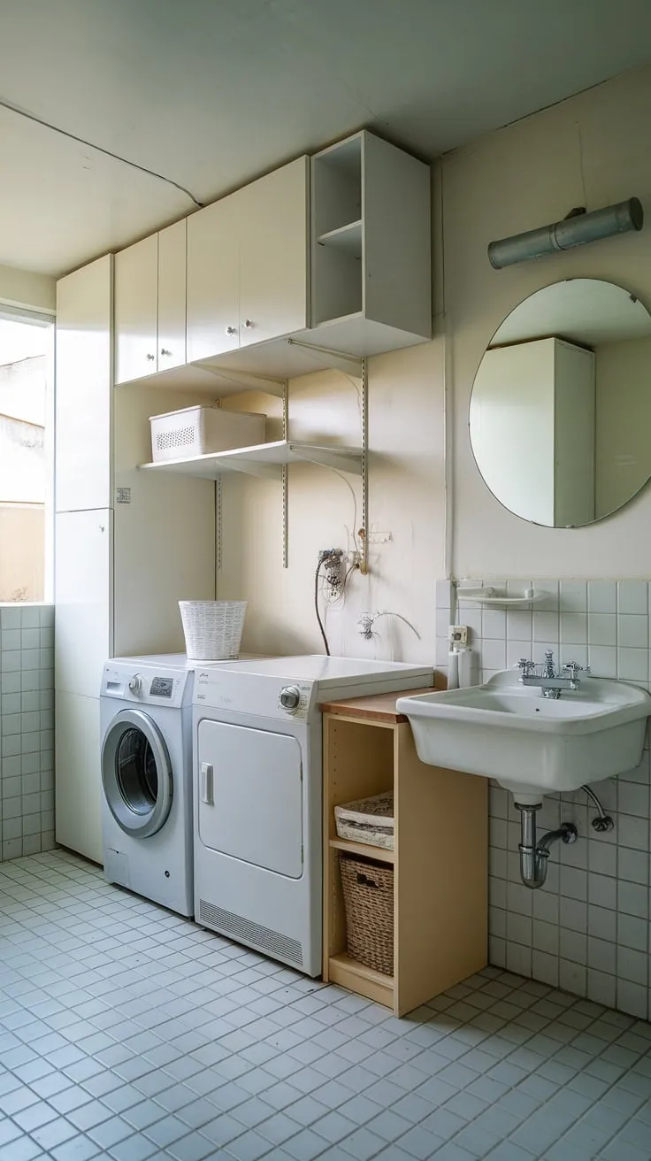 This cleverly designed laundry room seamlessly integrates bathroom amenities, creating a truly efficient washroom.  The ample laundry space, complete with washing area and laundry facilities, is bathed in natural light streaming through the window, making even chores feel less like a burden.  This utility room is the ultimate in convenient bathroom laundry solutions.