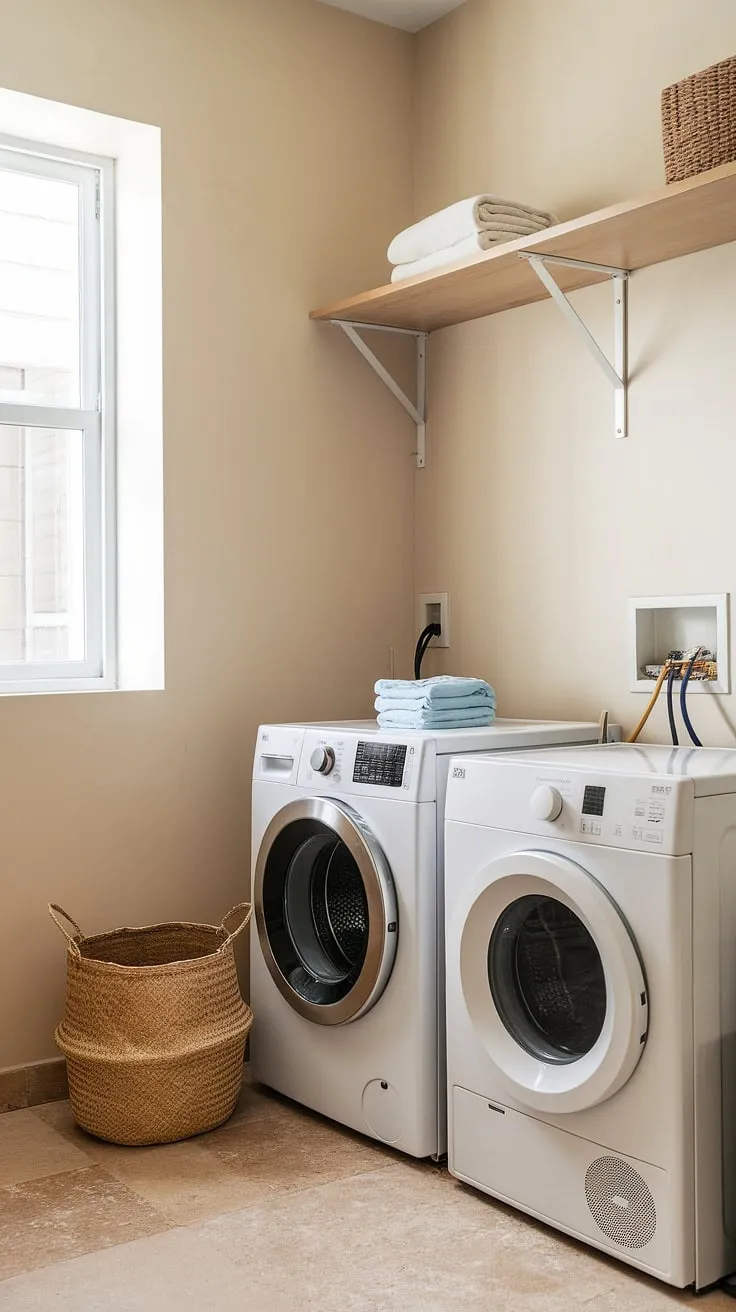 Sunlight streams into this bright and airy laundry space, transforming a typically utilitarian washroom into a welcoming laundry area.  The simple design of this bathroom laundry setup, complete with a washing machine, dryer, and ample storage, makes laundry day a breeze.  This efficient laundry room offers all the necessary bathroom amenities in a beautifully organized laundry facilities space.