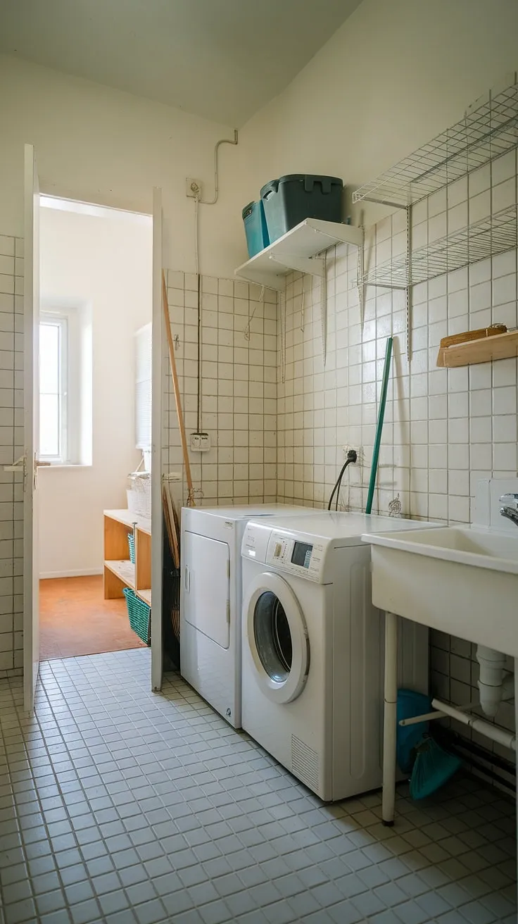 Efficient and elegant, this bathroom laundry boasts a dedicated laundry space.  The washing area, tucked neatly beside the bathroom sink, features a full-sized washer and dryer, making this compact utility room a true marvel of design.  The inclusion of shelves and a broom completes this functional bathroom laundry, showcasing thoughtful attention to detail.