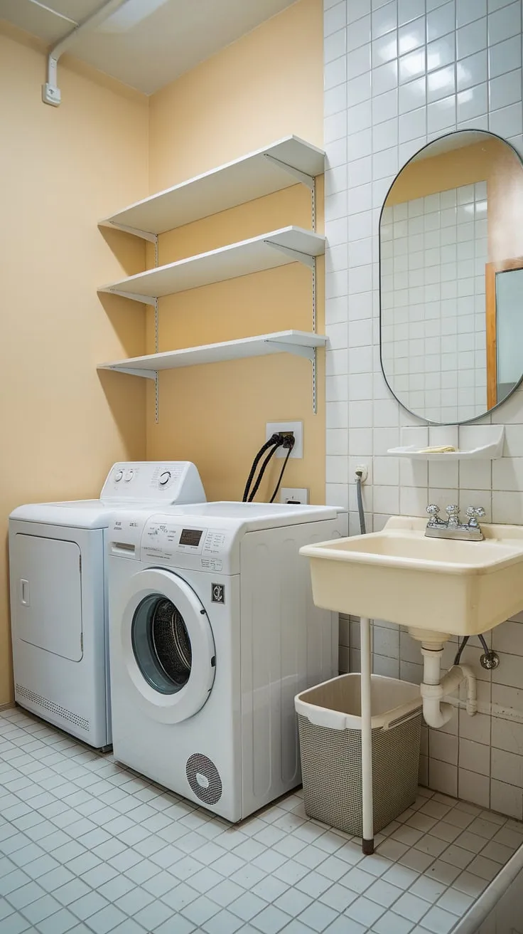 Efficient and stylish, this bathroom laundry boasts a full complement of laundry facilities within a thoughtfully designed laundry space.  The inclusion of a sink and mirror elevates this laundry area beyond a mere utility room, offering a complete and convenient washing area.