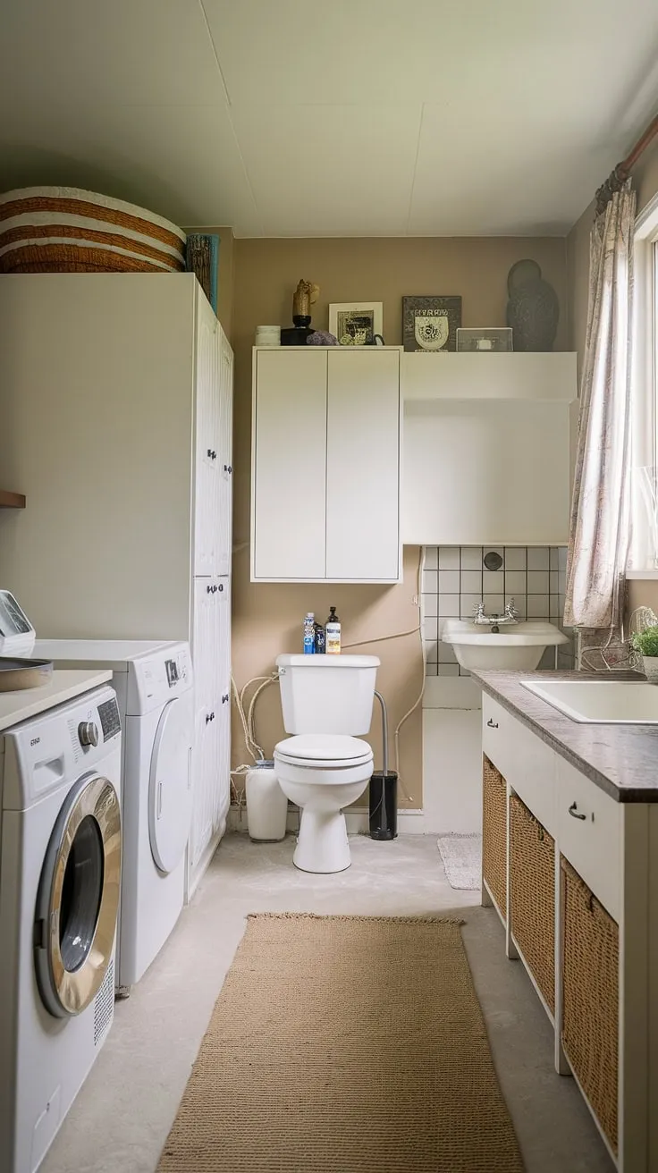 This cleverly designed bathroom laundry combines practicality and style.  The integrated laundry facilities, including a washing machine and dryer, seamlessly blend with the bathroom amenities, creating a highly efficient and convenient washroom and utility room.  The beige color palette and soft rug add a touch of warmth to this functional laundry space and washing area.