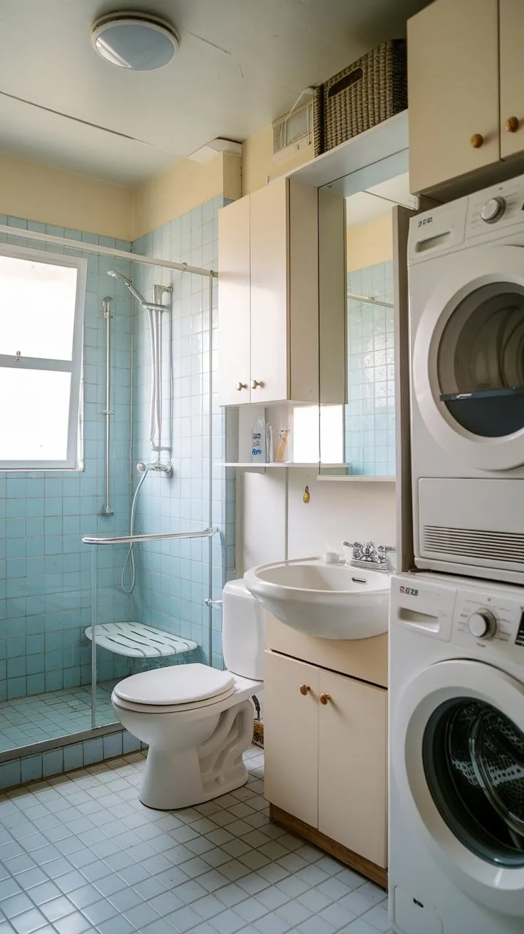 This thoughtfully designed bathroom laundry seamlessly blends bathroom amenities with convenient laundry facilities. The integrated laundry area, complete with washer and dryer, transforms this washroom into a true utility room, maximizing space and efficiency.  The result is a luxurious and practical laundry space within the comfort of your own bathroom.