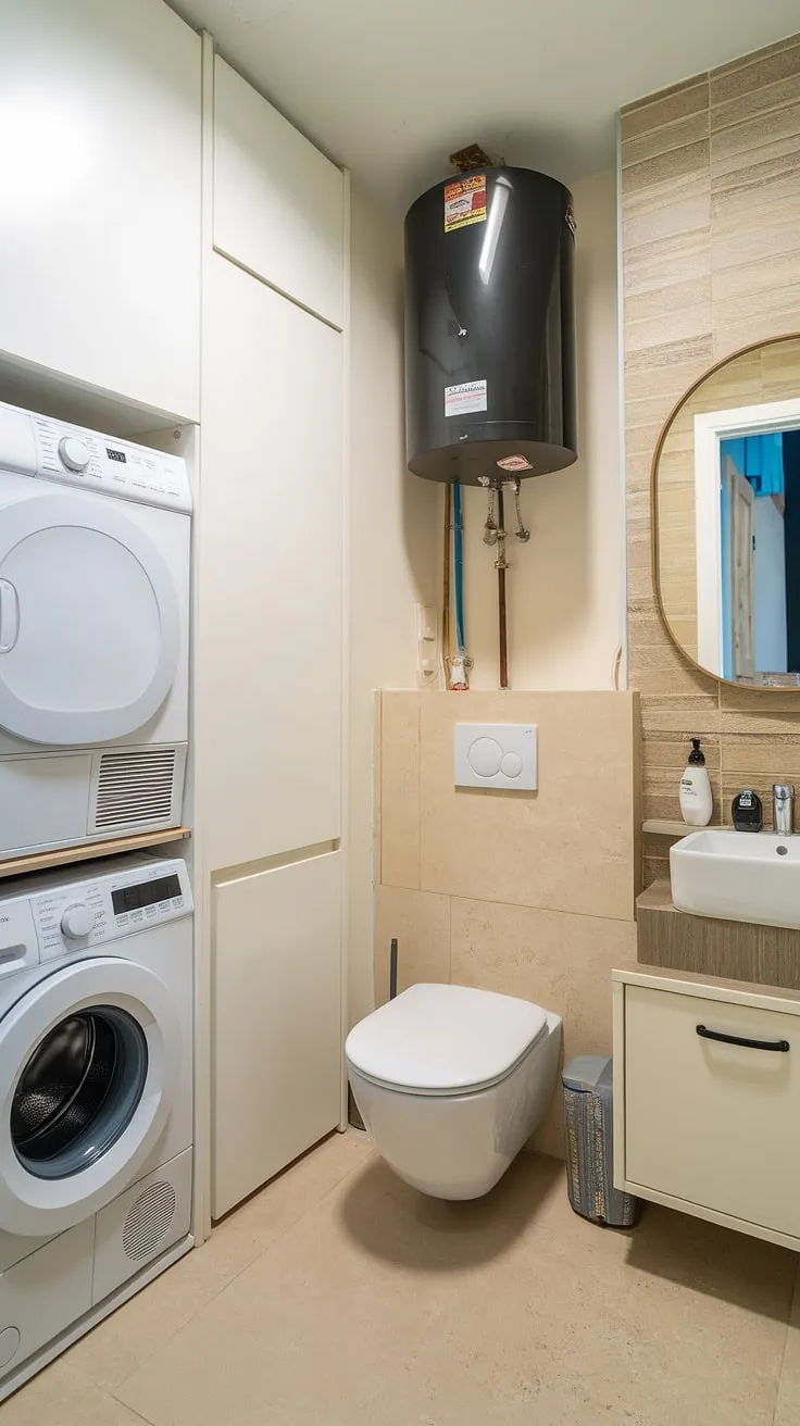 This compact yet functional utility room seamlessly combines laundry facilities and bathroom amenities. The laundry area, complete with washer and dryer, sits comfortably alongside a small washroom featuring a toilet, sink, and mirror, maximizing space in this efficient bathroom laundry.