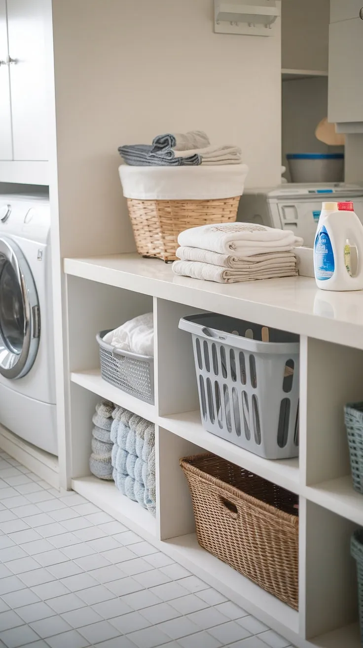 This laundry room counter is the ultimate laundry workspace.  The built-in folding station, ample laundry room surface, and convenient placement near the washer and dryer make laundry day a breeze.  This laundry organization counter transforms a chore into a streamlined process, maximizing efficiency in your laundry area counter.  It's the perfect laundry room table and laundry folding counter for a functional and stylish laundry room.