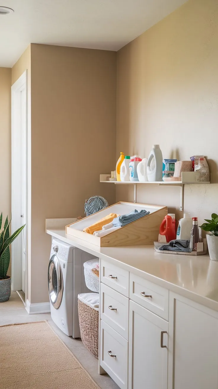 This laundry room counter, complete with a dedicated laundry folding station and ample laundry workspace, makes laundry day a breeze.  The organized laundry room surface and convenient laundry area counter transform this functional space into an efficient laundry organization counter.  Everything has its place, from detergent bottles to neatly folded clothes, making this laundry room table a true highlight.