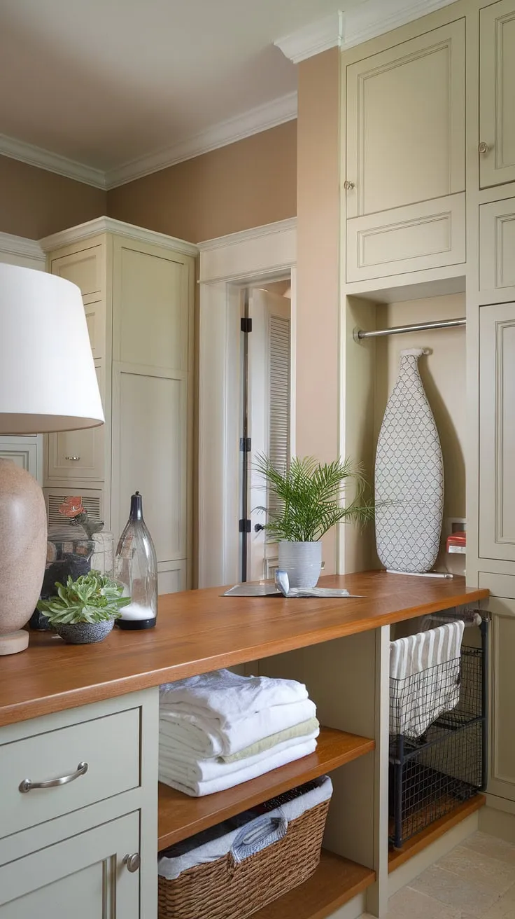 More than just a laundry room table, this laundry countertop serves as a central hub for laundry organization.  The integrated laundry folding counter and dedicated laundry folding station create a seamless laundry workspace, maximizing efficiency and minimizing clutter. This laundry room surface is the epitome of stylish functionality.