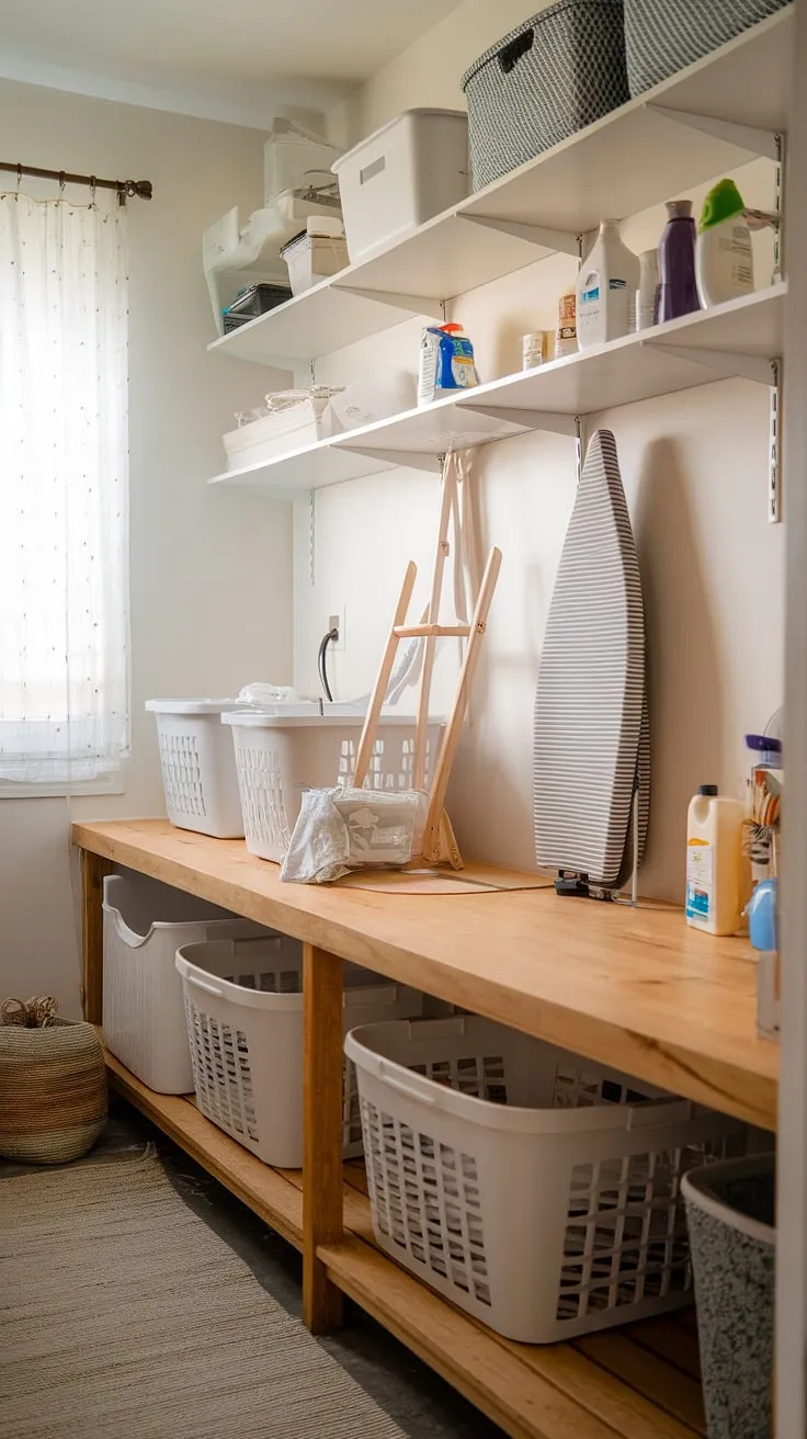 The heart of this efficient laundry area is the rustic laundry area counter.  This laundry folding counter provides a dedicated laundry workspace, complete with laundry baskets and cleaning supplies neatly organized on the laundry room surface.  The thoughtfully designed laundry countertop maximizes space and functionality, making this laundry room a truly organized and inviting laundry room workspace.