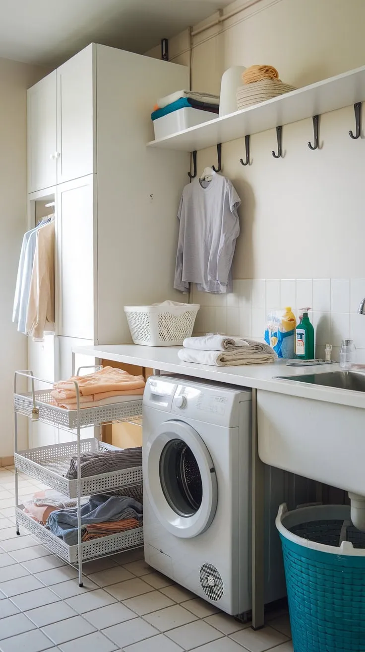 My dream laundry room! This laundry room table provides the perfect laundry workspace, complete with a dedicated laundry folding counter and plenty of room on the laundry room counter for supplies.  The entire setup, from the laundry folding station to the white cabinets, makes laundry day a breeze.  It's the ultimate laundry room surface for organization and efficiency.