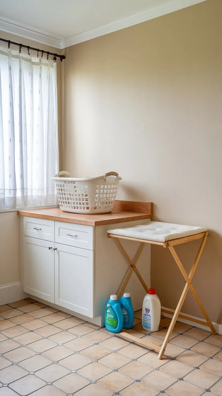Maximize your laundry room's potential with this functional laundry room counter. The integrated laundry folding counter and ample laundry room surface area make this laundry workspace a dream.  Everything has its place, from the laundry basket atop the laundry countertop to the neatly stored detergents below.