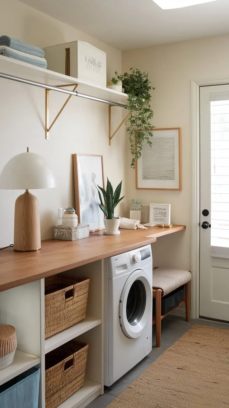 More than just a place to do laundry, this space features a practical laundry room table—a beautiful wood laundry countertop—offering a dedicated laundry room surface for folding and organizing.  The adjacent laundry folding station and laundry room bench complete this efficient and stylish laundry workspace, turning a chore into a calming experience.
